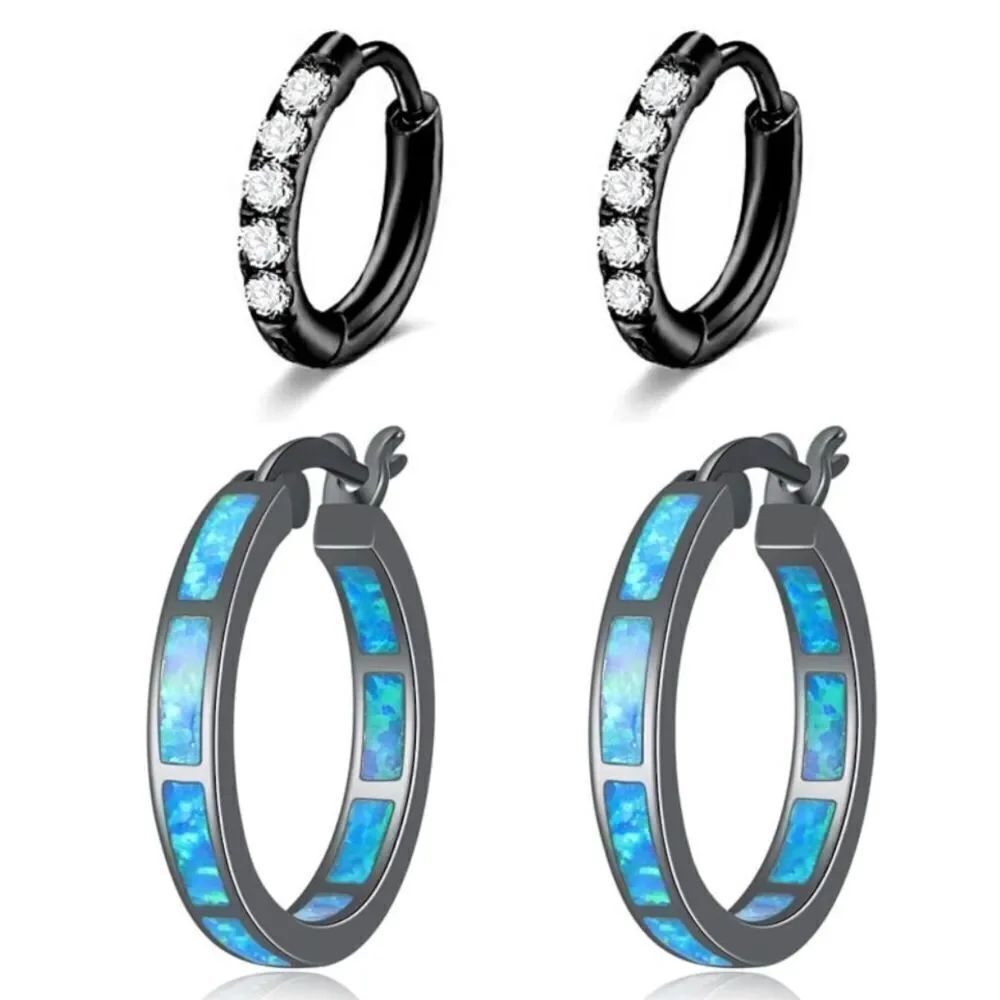 14K Black Gold and 316L Blue Fire Opal and Diamond CZ Hoops Earrings Set of 2